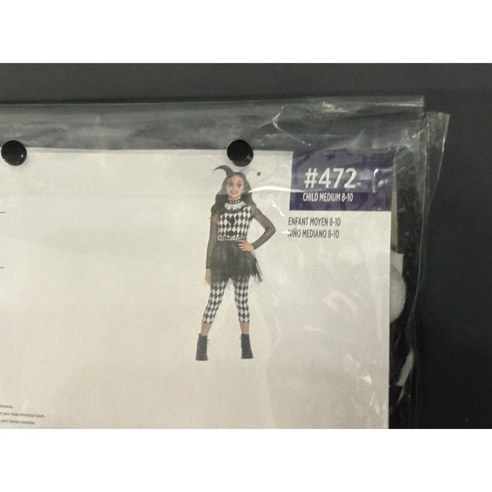 Punky Jester Halloween Costume Girls Sz Medium 8-10 Black White Harlequin Circus